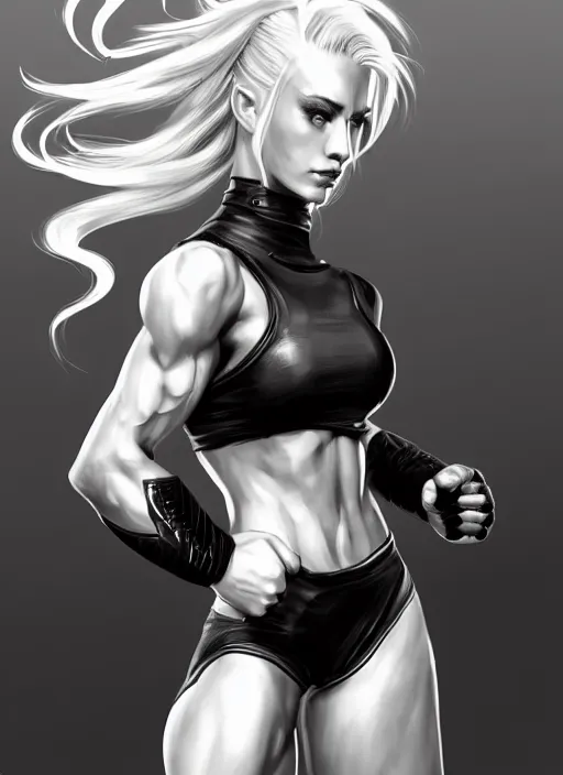 Prompt: a highly detailed illustration of fierce beautiful platinum blonde woman wearing black mma gear, heroic fighting stance pose, muscular, perfect face, perfect body, intricate, elegant, highly detailed, centered, digital painting, artstation, concept art, smooth, sharp focus, league of legends concept art, wlop