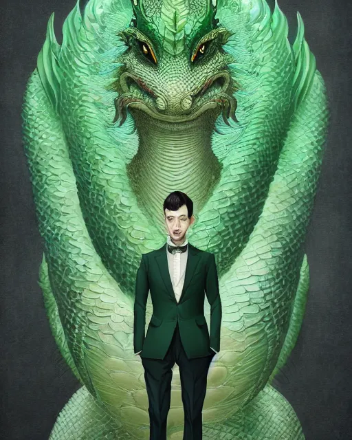 Image similar to anthropomorphic art of a businessman dragon, green dragon, portrait, regency inspired clothing by artgerm, victo ngai, ryohei hase, artstation. fractal papers, newspaper. stock certificate, highly detailed digital painting, smooth, global illumination, fantasy art, jc leyendecker