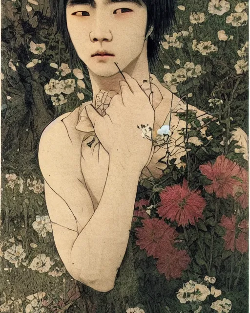 Image similar to a beautiful but creepy young korean man in layers of fear, with haunted eyes, violence in his eyes, wearing a punk outfit, 1 9 7 0 s, seventies, delicate embellishments, a little blood, woodland, moonlight shining on wildflowers, painterly, offset printing technique, by alexandre cabanel