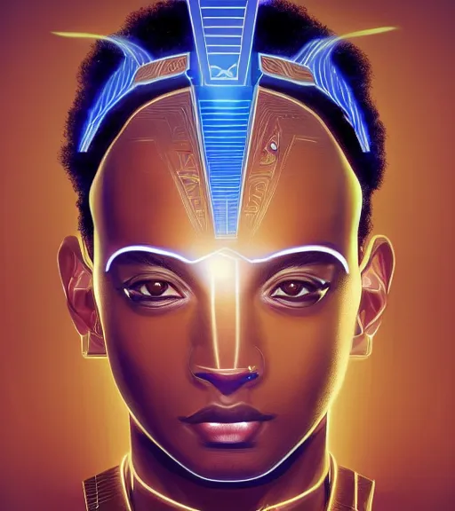 Image similar to symmetry!! egyptian prince of technology, solid cube of light, hard edges, product render retro - futuristic poster scifi, lasers and neon circuits, brown skin man egyptian prince, intricate, elegant, highly detailed, digital painting, artstation, concept art, smooth, sharp focus, illustration, dreamlike, art by artgerm