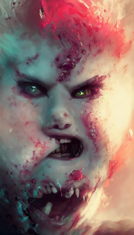 Prompt: shot of fiesty girl with pouty aerochrome ( ( ( lips ) ) ), powerful, adorable, expressive eyes, big evil grin, kawaii playful pose of a dancer, greg rutkowski, charlie bowater, yuumei, stephen gammell, unreal 5, daz, hyperrealistic, dark, dynamic lighting, fantasy art, beautiful face