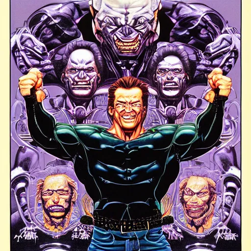 Image similar to portrait of arnold schwarzenegger, excited, symmetrical, by yoichi hatakenaka, masamune shirow, josan gonzales and dan mumford, ayami kojima, takato yamamoto, barclay shaw, karol bak, yukito kishiro