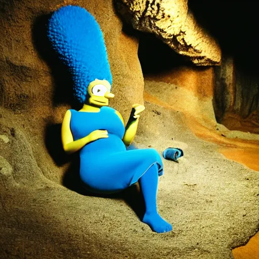 Image similar to Marge Simpson falling asleep in a cave, 35mm photograph