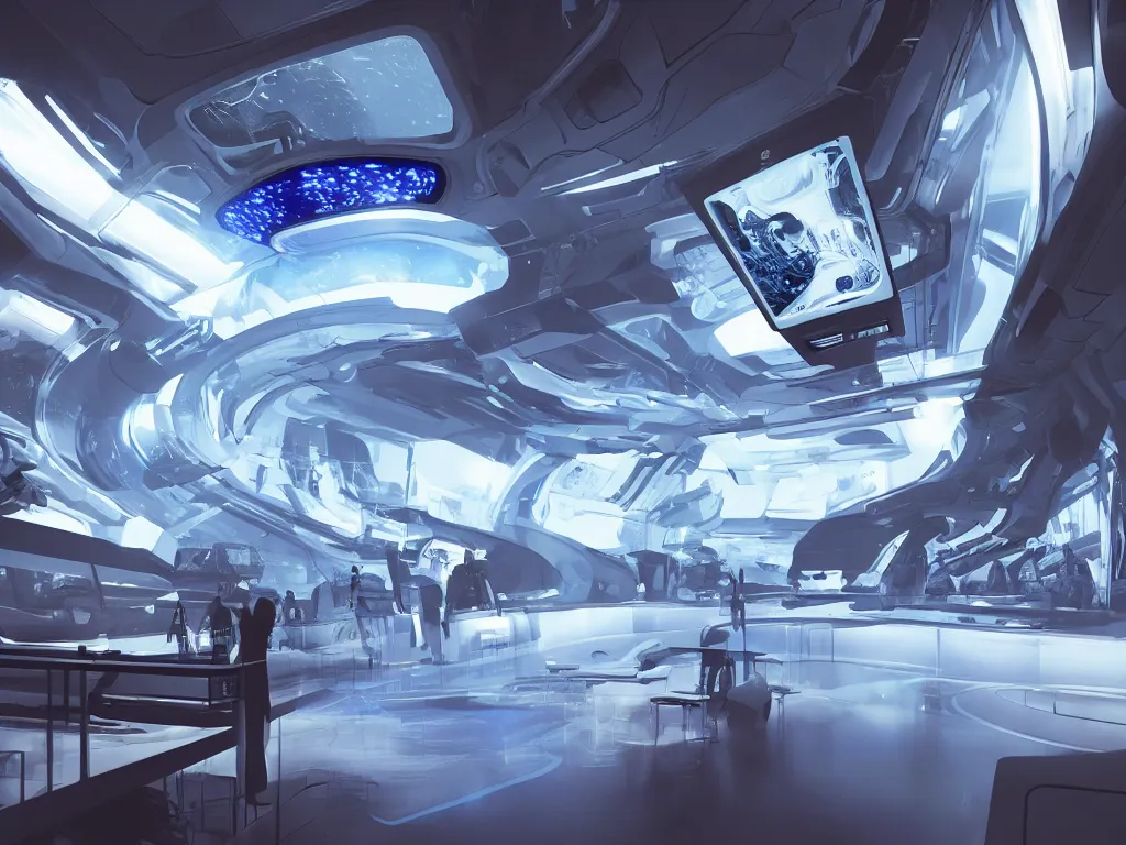 Image similar to visor with curved translucent screens projecting detailed sci - fi art ( 2 0 4 2 ), high contrast, volumetric lighting, thin glowing lights, chair, users, pair of keys