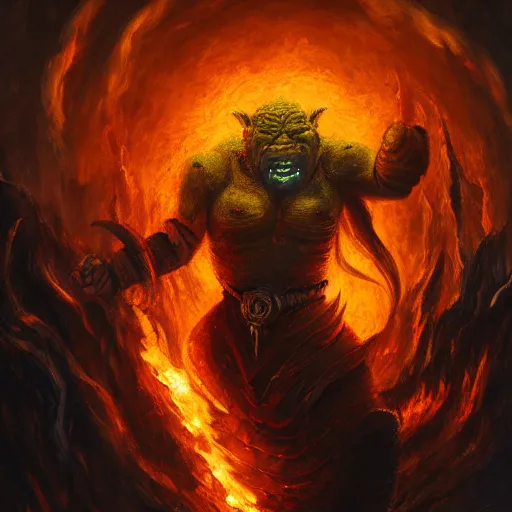 Image similar to an oil painting of an orcish paladin engulfed in flames, fantasy art, 4k, HDR, photorealistic, 8k