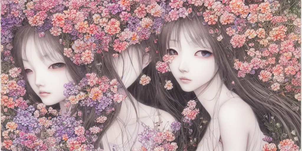 Image similar to breathtaking detailed concept art painting pattern blend of flowers and girls, by miho hirano, bizarre compositions, exquisite detail, pastel colors, 8 k