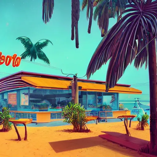 Image similar to inside psychedelic beachfront fast food restaurant with palm trees by simon stalenhag