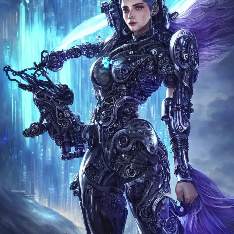 Image similar to beautiful cinematic fantasy poster, a beautiful cyberpunk cyborg with an ornate black and silver sci-fi rifle, brilliant silver flowing hair, beautiful blue glowing galaxy eyes, wideshot ultrawide angle epic scale, hybrid from The Elden Ring and art direction by Darius Zawadzki ;by artgerm; wayne reynolds art station; cinematic quality character render; low angle; ultra high quality model; production quality cinema model;