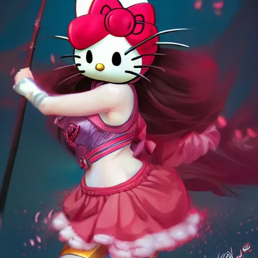 Image similar to Hello Kitty as a League of Legends character, by Stanley Artgerm Lau, WLOP, Rossdraws, James Jean, Andrei Riabovitchev, Marc Simonetti, Yoshitaka Amano, ArtStation, CGSociety,