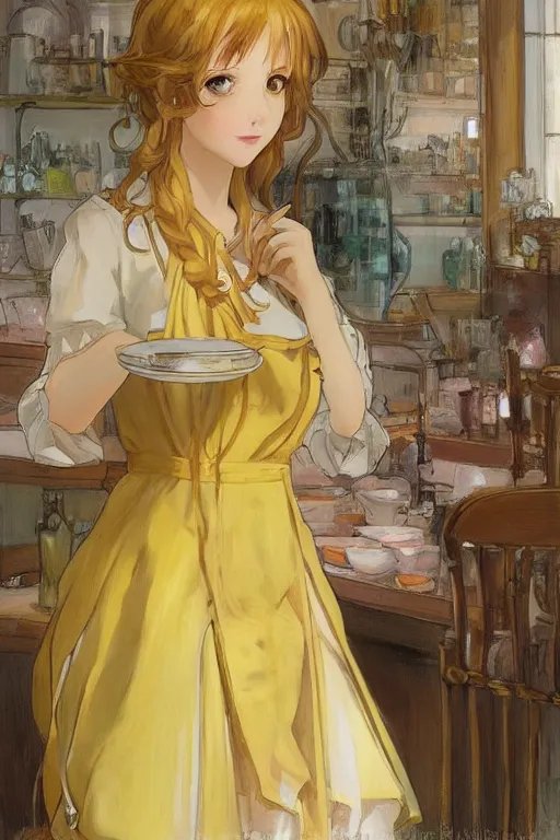 Image similar to A girl in a maid's outfit in a cafe a afternoon, wavy hair yellow theme,S line,45 angel by krenz cushart and mucha and trnyteal and ra-lilium