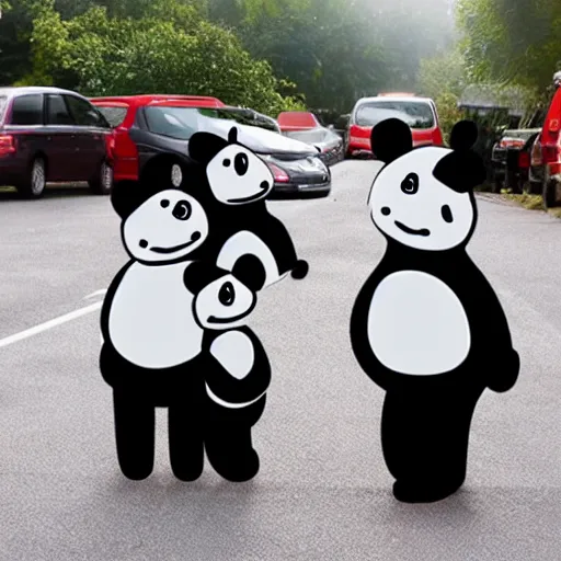 Prompt: Family of pandas waiting for a school bus, peppa pig style