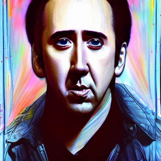 Image similar to prompt : nicolas cage portrait soft light painted by james jean and katsuhiro otomo and erik jones, inspired by evangeleon anime, smooth face feature, intricate oil painting, high detail illustration, sharp high detail, manga and anime 1 9 9 9