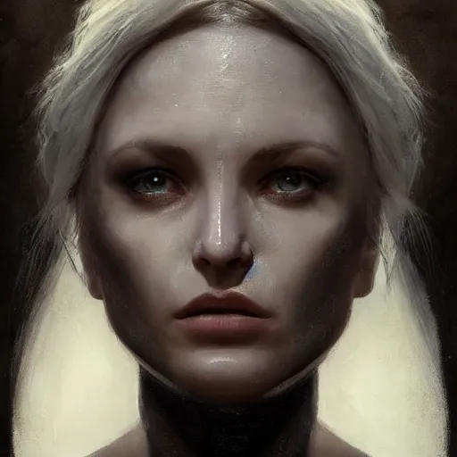 Prompt: surreal portrait of a woman by Greg Rutkowski, symmetrical face, she is about 30 years old, she is about 30 years old, pretty, blond hair with two strans around her face, slavic features, melancholic gaze, pretty aquiline nose, transformed into a kind of biomechanical transhuman goddes, uncany but fascinating, sad but determined look, cosmic void background, frightening, fascinating, highly detailed portrait, digital painting, book cover, artstation, concept art, smooth, sharp foccus ilustration, Artstation HQ