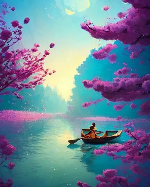 Image similar to a couple in a rowboat traveling down the river | cherry - blossoms | highly detailed | very intricate | serene romantic fantasy whimsical magical | soft bright natural morning light | pixar | award - winning | matte painting by anton fadeev and paul lehr and rhads and alena aenami | pastel color palette | featured on artstation