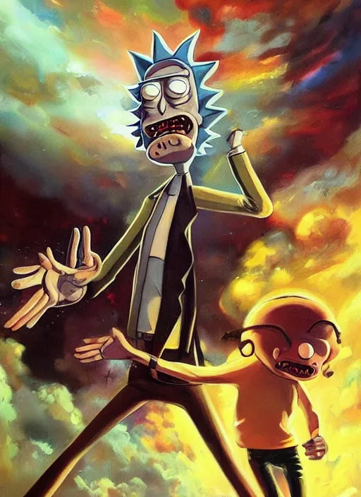 Prompt: rick and morty painting by phil hale, francisco goya,'action lines '!!!, graphic style, visible brushstrokes, motion blur, blurry, hd image