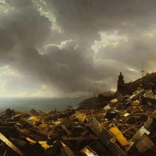 Prompt: Panorama view at a hurricane with rubble from a castle in its grasp, oil painting, by Greg Rutkowski