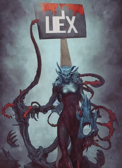 Image similar to demon holding a sign with the word ALEX by artgerm and Craig Mullins, James Jean, Andrey Ryabovichev, Mark Simonetti and Peter Morbacher 16k