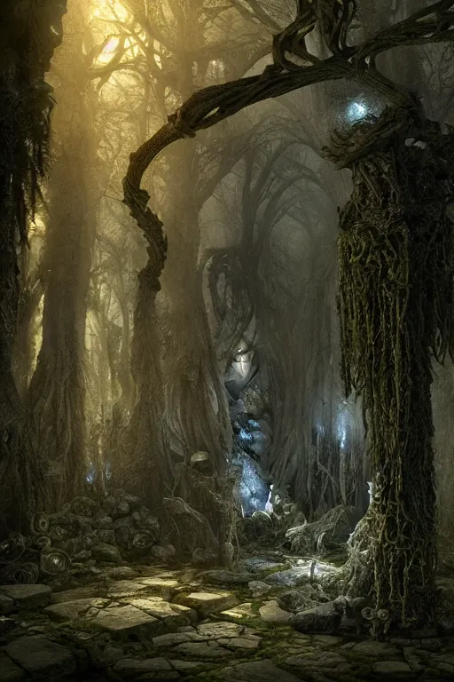 Prompt: draug at the crypt in the forest, intricate, ethereal, by luis royo, hyper detailed, weta digital, ray trace, unreal engine, trending on artist, beautifully lit, cinematic, soft light, photorealistic, volumetric, realistic, glossy, 8 k post - production, masterpiece, luxury, smooth