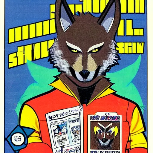 Image similar to 1 9 8 0 s comic book cover scan featuring a portrait of villain male wolf o'donnell anthropomorphic wolf furry fursona from starfox wearing a dark leather space mercenary uniform, fluffy eyebrows, dark grey wolf, wolf o'donnell, magazine scan, 1 9 8 0 s artwork scan