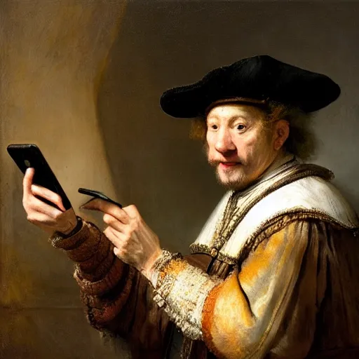 Prompt: rembrandt taking a selfie with a smartphone