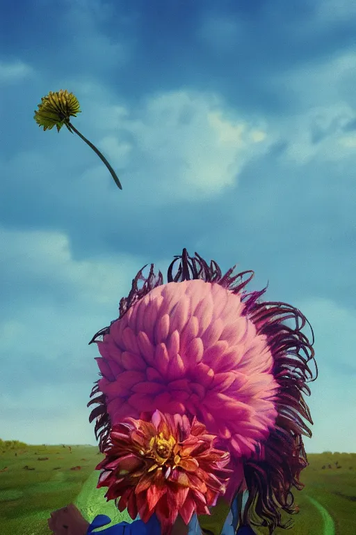 Image similar to closeup giant dahlia flower head, girl in a suit, surreal photography, blue sky, sunrise, dramatic light, impressionist painting, digital painting, artstation, simon stalenhag