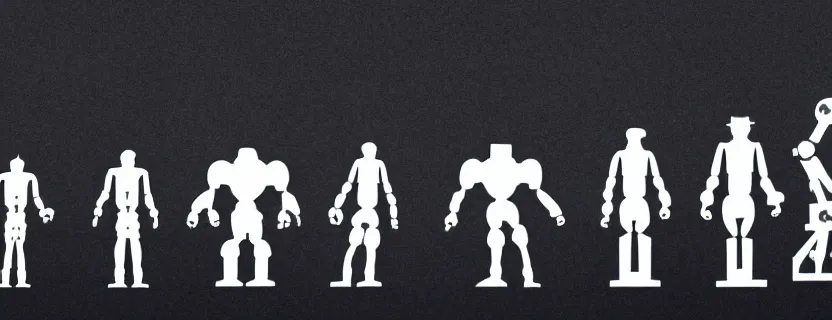 Image similar to an evolution diagram from left to right of robots, 8 k, hyper realistic. the left side robots are shorter, led lights, dancing