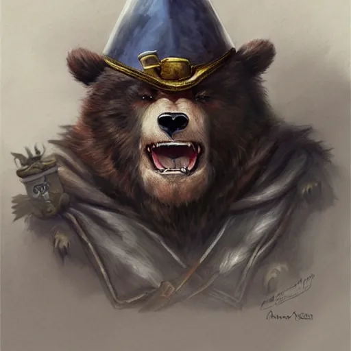 Image similar to dashing charming grinning charismatic bear beast-man rogue, wearing captain's tricorne hat, naval background, amazing, lifelike award winning pencil illustration trending on art station artgerm Greg rutkowski cinematic