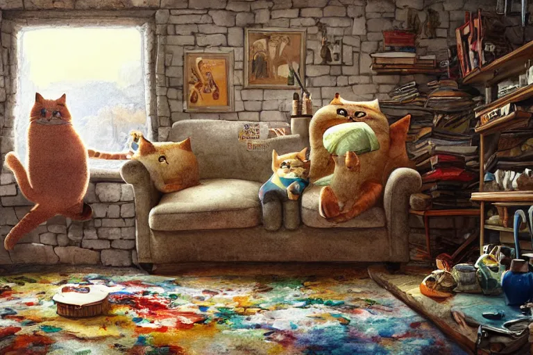 Image similar to short fat anthropomorphic cats wearing trousers and shirts. they live underground in a cave, kitchen table, stove, fridge, sink, armchairs, cosy fireplace, stack of books on side table, colourful rug on floor by fireplace, pictures of family on wall, soft, cosy, craig mullins, james gurney, detailed watercolour, texture, highly detailed, movie scene, illustrative, hd, 4k