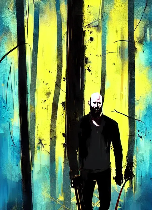 Image similar to horror art, jason statham vampire hunter, blue and gold trees in the background, art by ismail inceoglu