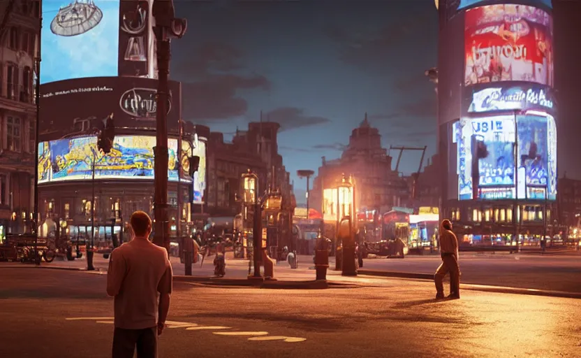 Image similar to a man standing in the middle of piccadilly circus at night, a photorealistic painting by Gregory Crewdson, cgsociety, american scene painting, playstation 5 screenshot, matte painting, cryengine