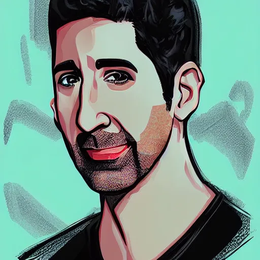 Image similar to digital artwork of ross geller sitting in central perk, in the style of artgerm, detailed face, expressive face,