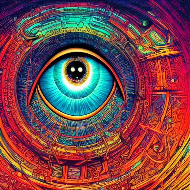 Image similar to hypnotizing and hallucinating eye, eye of horus, centered eye, symmetry, illuminati eye, colorful, sharp and focus, ultra detailed, beautifully lit, in the art style of dan mumford and marc simonetti