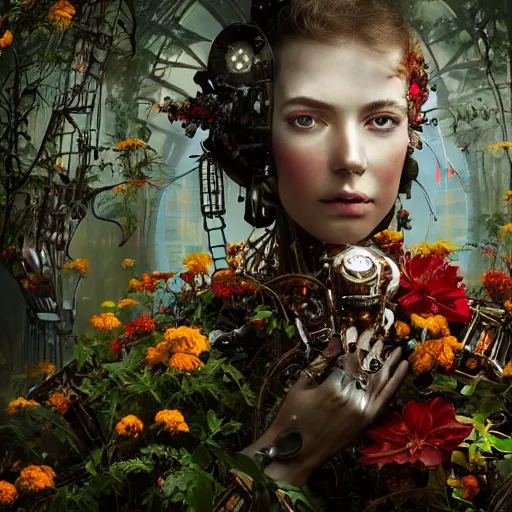 Image similar to a beautiful intricate fine art portrait photo of a farewell moment between a mechanical industrial steampunk cybernetic robot and a human overgrown with colorful flowers and leaves by tom bagshaw and zach sutton, golden ratio composition, studio lighting, 50mm lens, very detailed, bionic, cybernetic scifi, deep depth of field, artstation, 8K, highly coherent