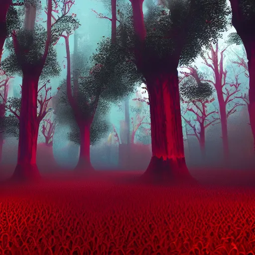 Image similar to crimson forest with a red ghost in it that is being parsed by a large crowd of people in red robes, surreal, sharp focus, digital art, epic composition, concept art, dynamic lighting, intricate, highly detailed, 8 k, unreal engine, blender render