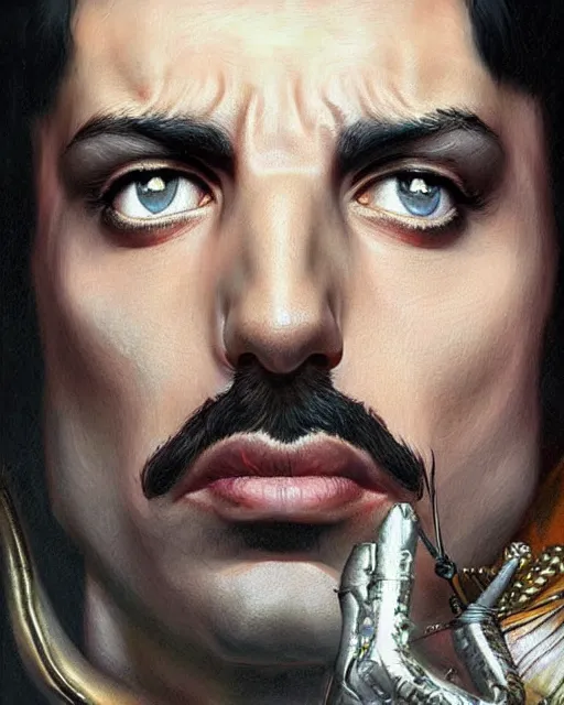 Image similar to freddie mercury, hyper realistic face, beautiful eyes, fantasy art, in the style of greg rutkowski, intricate, hyper detailed, smooth