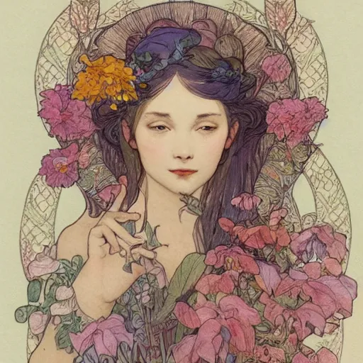 Image similar to a beautiful intricate watercolor illustration of a fairy with flowers, leaves, 4 k, ultra - wide angle, by william turner, by victo ngai, by alphonse mucha, by moebius, by gustave dore, hd, trending on artstation, hyper detailed, muted intense colors