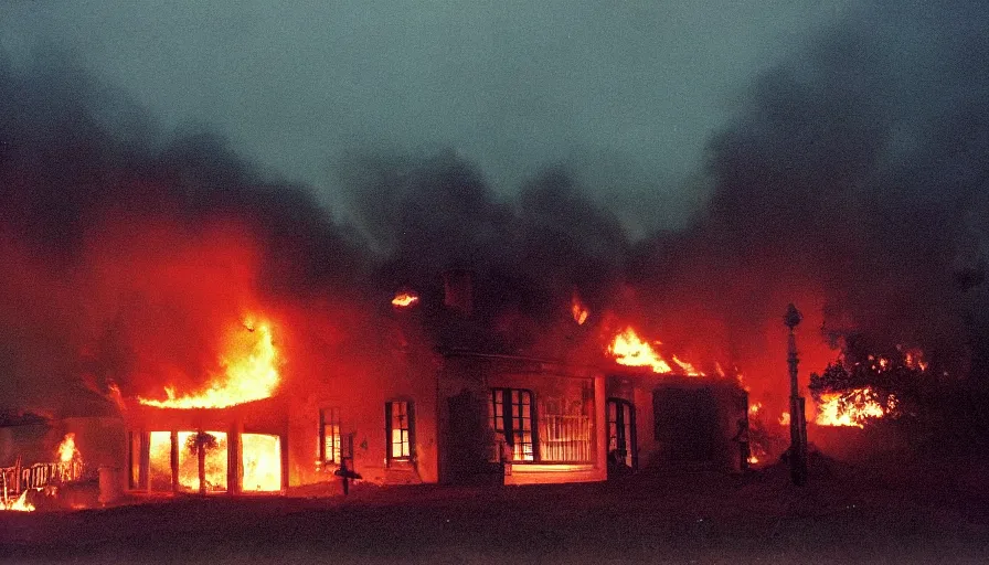 Prompt: 1 9 7 0 s movie still of a heavy burning french style little house by night in autumn, in a small northern french village, by sony mini dv camera, heavy grain, low quality, high detail, dramatic light, anamorphic, flares