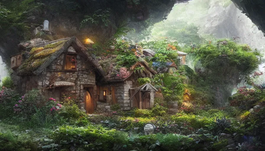 Image similar to Small house with garden built in an underground cave, wide angle, hyperdetailed, artstation, cgsociety, 8k