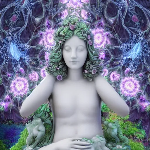 Image similar to an idealistic fully dressed marble statue with fractal flowery hair in a fractal garden, glowing delicate flower and mushrooms that grow in a dark fatansy forest on the planet pandora,, symmetrical,