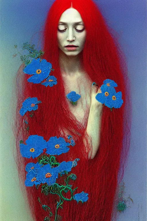 Image similar to pale woman, with long red hair, completely tattooed with blue fluorescent flowers, by zdzisław beksiński