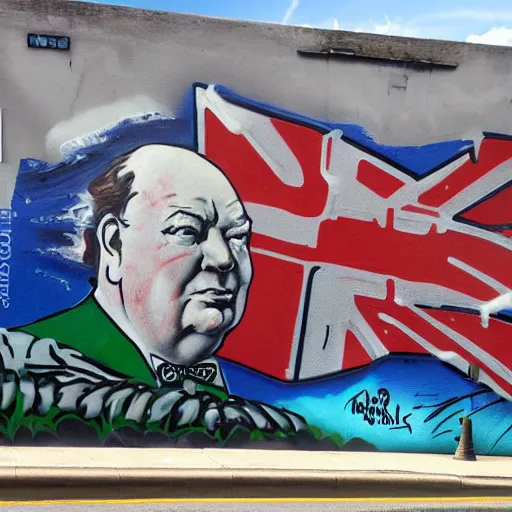 Prompt: Graffiti mural of Winston Churchill surfing
