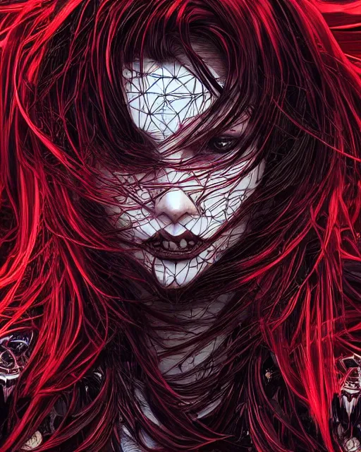 Image similar to glitch art close up portrait intense vampire, flowing hair, glitches, highly detailed, very intricate, graphical errors, art deco, glitch, chromatic aberration, harsh lighting, award - winning, unreal engine 5, illustration by mandy jurgens and alphonse mucha and yoji shinkawa, black and red only!!!, featured on artstation