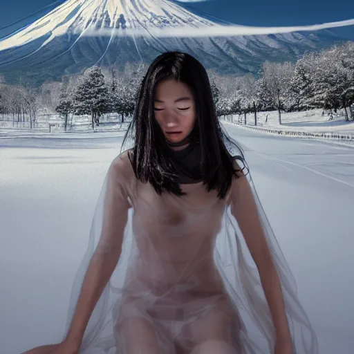 Prompt: a instax photo of fuji mountain, a tall japanese girl in a transparent sheer fabric dress against the background of fuji mountain, severe snow, full body shot, by peter kemp, by monia merlo, hyperrealistic, hyperdetailed, octane render, 8 k