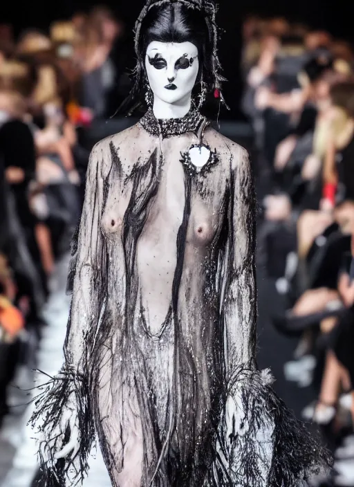 Image similar to hyperrealistic and heavy detailed yves saint laurent runway show of the addams family, leica sl 2 5 0 mm, vivid color, high quality, high textured, real life
