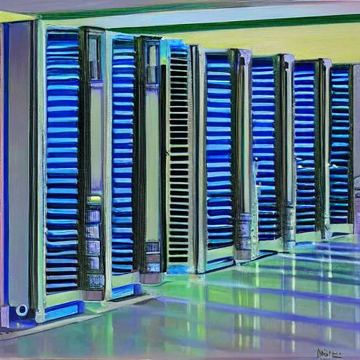Image similar to a painting by Wayne Thiebaud of a high end GPU crypto farm, cooling, high specs, ethereal!!!!!!!, by Wayne Thiebaud, neon gradient, highly detailed GPU