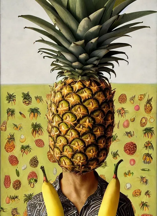 Image similar to jeff goldblum playing pineapple maracas dressed as a banana on the beach by arcimboldo giuseppe