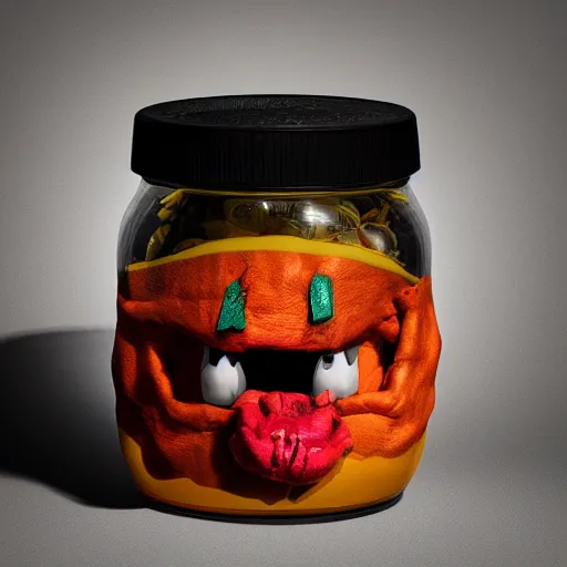 Image similar to Evil monster in a jar, product photography, centered, studio lightning