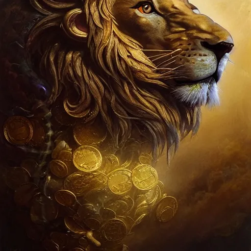 Image similar to a beautiful detailed 3 d matte portrait of a alchemist lion, by ellen jewett, by tomasz alen kopera, by justin gerard, ominous, magical realism, texture, intricate, skull, skeleton, gold coins, money, whirling smoke, alchemist bottles, radiant colors, fantasy, volumetric lighting, high details