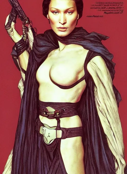 Image similar to upper body portrait of bella hadid as gaius helen mohiam bene gesserit mother in dune 1982, by norman rockwell and jason fabok and tom lovell and frank schoonover and dean cornwell and everett raymond kinstler