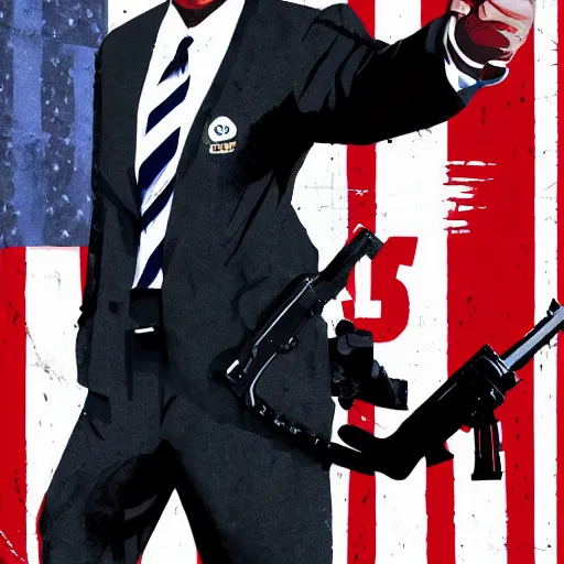 Prompt: illustration gta 5 artwork of joe biden holding a gun, in the style of gta cover art, by stephen bliss